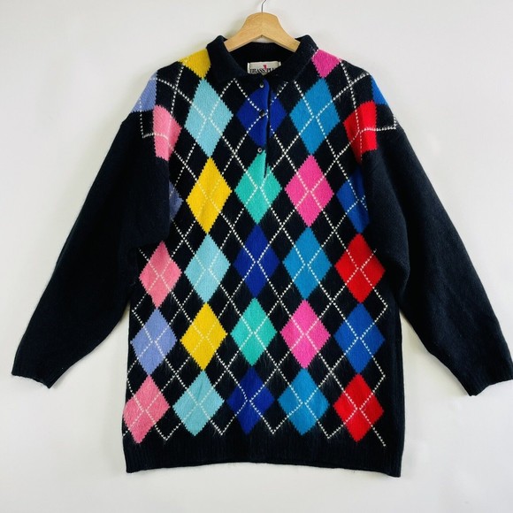 Brass Plum Vintage 80s‎ Rainbow Argyle Angora Wool Blend Sweater Womens Sz Small - Picture 1 of 7